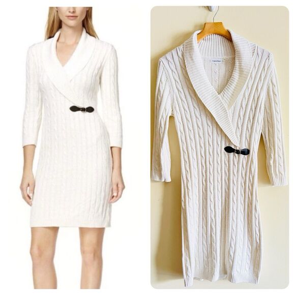 Calvin‎ Klein Size M Cream Cable Knit Sweater Dress Faux Wrap Leather Buckle - Picture 1 of 5